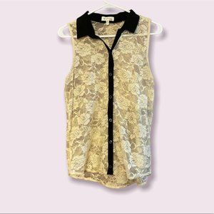 Cream Lace Button Up Sleeveless Collared Blouse